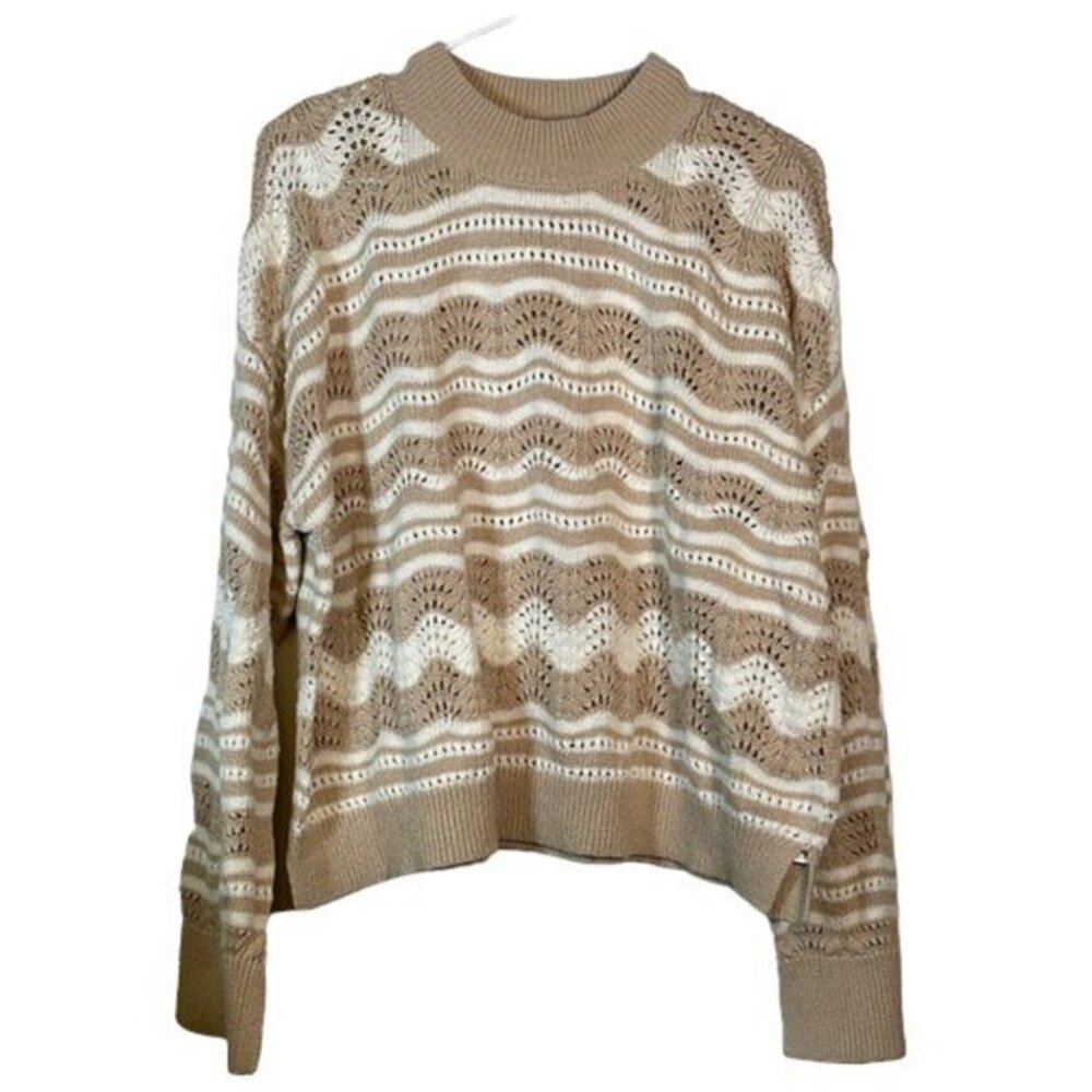 Anthropologie Open Stitch Knit Mock Neck Sweater Tan White Size XL EUC #0619-OC